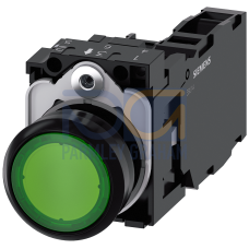 Pushbutton, illuminated, 22 mm, round, plastic, green, 1 NO + 1 NC, 230 V AC