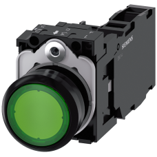 Pushbutton, illuminated, 22 mm, round, plastic, green, 1 NO + 1 NC, 230 V AC