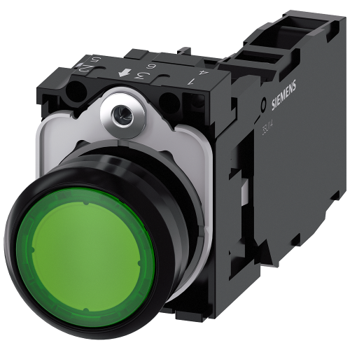 Pushbutton, illuminated, 22 mm, round, plastic, green, 1 NO + 1 NC, 230 V AC