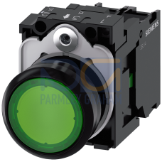 Illuminated pushbutton, 22 mm, round, plastic, green, pushbutton, flat, momentary contact type, with holder, 1NO, LED module with integrated LED 24...