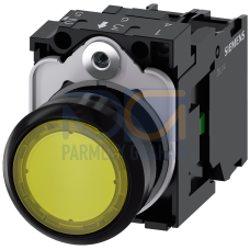 Illuminated pushbutton, 22 mm, round, plastic, yellow, pushbutton, flat, momentary contact type, with holder, 1NO, LED module with integrated LED 2...