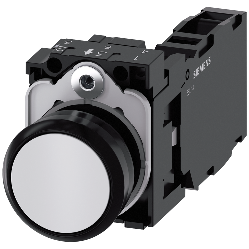 Pushbutton, 22 mm, round, plastic, white, pushbutton, flat, momentary contact type, with holder 1 NO+1 NC, screw terminal,