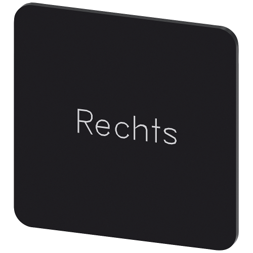 Labeling plate for snapping on or gluing on label holder, Label size 27x27 mm, black label, white font, with inscription: Right