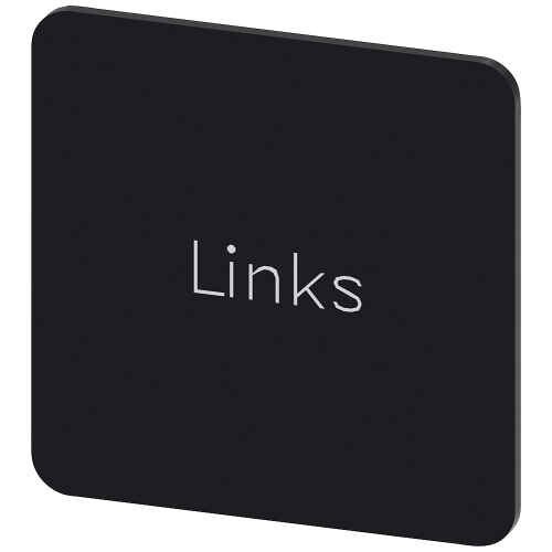 Labeling plate for snapping on or gluing on label holder, Label size 27x27 mm, black label, white font, with inscription: Left