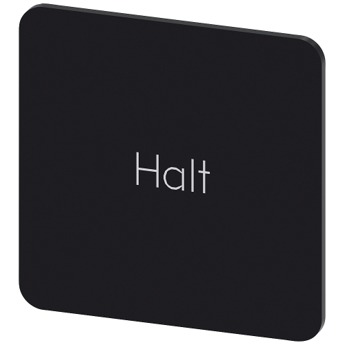 Labeling plate for snapping on or gluing on label holder, Label size 27x27 mm, black label, white font, with inscription: Stop