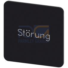 Labeling plate for snapping on or gluing on label holder, Label size 27x27 mm, black label, white font, with inscription: Fault