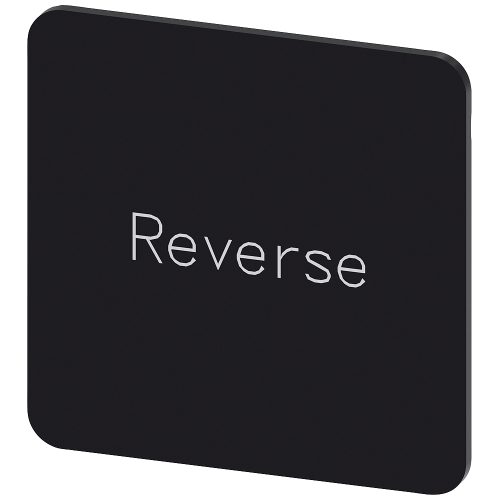 Labeling plate for snapping on or gluing on label holder, Label size 27x27 mm, black label, white font, with inscription: Reverse