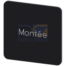 Labeling plate for snapping on or gluing on label holder, Label size 27x27 mm, black label, white font, with inscription: Montee