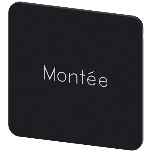Labeling plate for snapping on or gluing on label holder, Label size 27x27 mm, black label, white font, with inscription: Montee