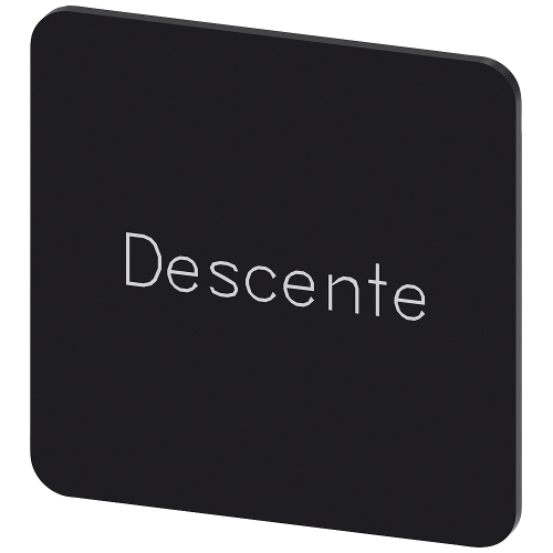 Labeling plate for snapping on or gluing on label holder, Label size 27x27 mm, black label, white font, with inscription: Descente