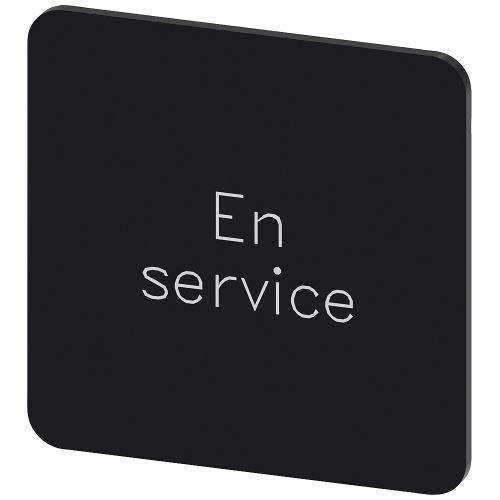 Labeling plate for snapping on or gluing on label holder, Label size 27x27 mm, black label, white font, with inscription: En Service