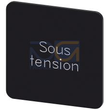 Labeling plate for snapping on or gluing on label holder, Label size 27x27 mm, black label, white font, with inscription: Sous tension