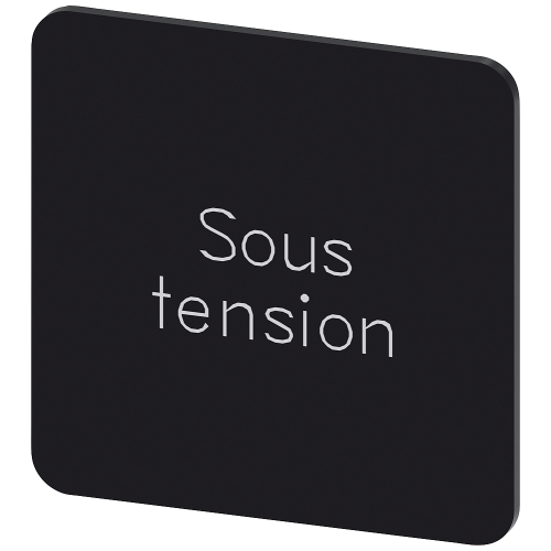 Labeling plate for snapping on or gluing on label holder, Label size 27x27 mm, black label, white font, with inscription: Sous tension
