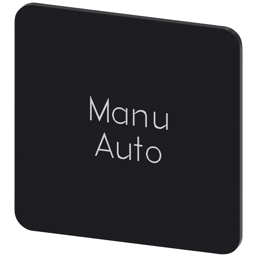 Labeling plate for snapping on or gluing on label holder, Label size 27x27 mm, black label, white font, with inscription: Manu Auto