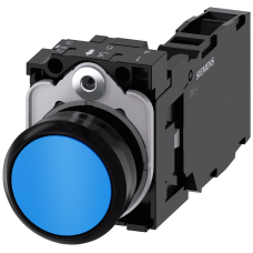 Pushbutton, 22 mm, round, plastic, blue, pushbutton, flat, momentary contact type, with holder 1 NO+1 NC, screw terminal,