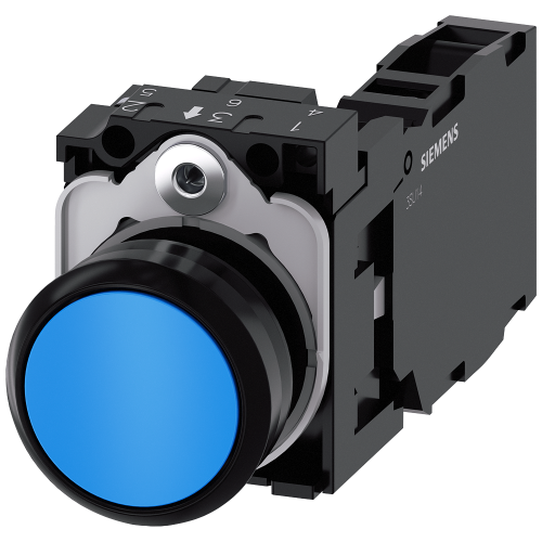 Pushbutton, 22 mm, round, plastic, blue, pushbutton, flat, momentary contact type, with holder 1 NO+1 NC, screw terminal,