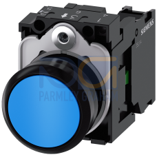 Pushbutton, 22 mm, round, plastic, blue, pushbutton, flat, momentary contact type, with holder 1 NO, screw terminal, with laser labeling, upper cas...