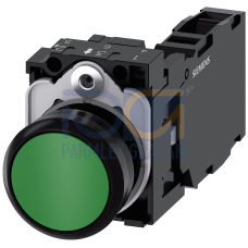 Pushbutton, 22 mm, round, plastic, green, pushbutton, flat, momentary contact type, with holder 1 NO+1 NC, screw terminal, with laser labeling, ins...