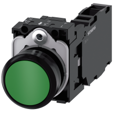 Pushbutton, 22 mm, round, plastic, green, pushbutton, flat, momentary contact type, with holder 1 NO+1 NC, screw terminal,