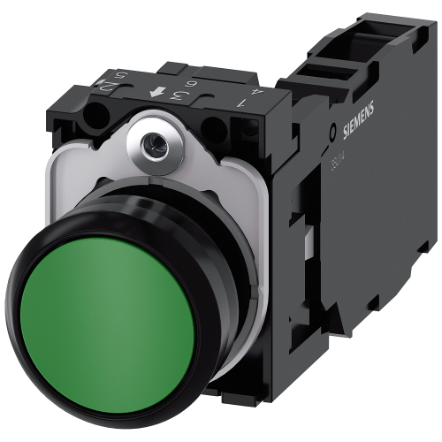 Pushbutton, 22 mm, round, plastic, green, pushbutton, flat, momentary contact type, with holder 1 NO+1 NC, screw terminal, with laser labeling, ins...