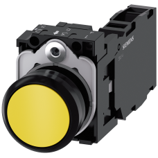 Pushbutton, 22 mm, round, plastic, yellow, pushbutton, flat, momentary contact type, with holder 1 NO+1 NC, screw terminal,