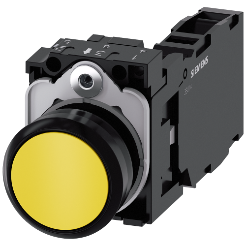 Pushbutton, 22 mm, round, plastic, yellow, pushbutton, flat, momentary contact type, with holder 1 NO+1 NC, screw terminal, with laser labeling, up...