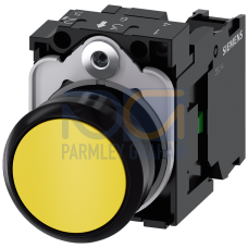 Pushbutton, 22 mm, round, plastic, yellow, pushbutton, flat, momentary contact type, with holder 1 NO, screw terminal, with laser labeling, lower case