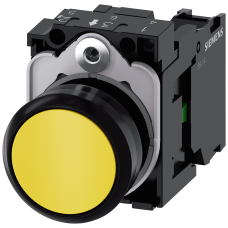 Pushbutton, 22 mm, round, plastic, yellow, pushbutton, flat, momentary contact type, with holder 1 N
