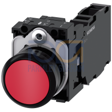 Pushbutton, 22 mm, round, plastic, red, pushbutton, flat, momentary contact type, with holder 1 NO+1 NC, screw terminal, with laser labeling, upper...