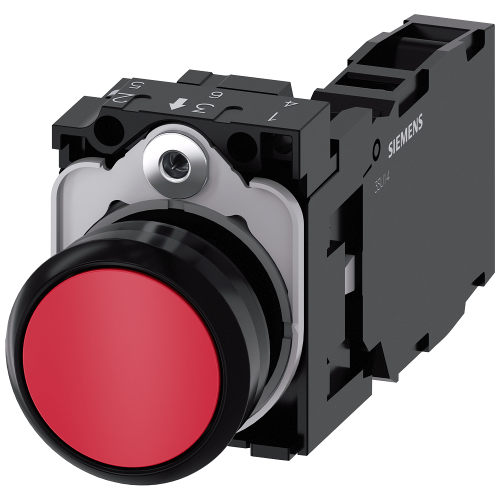 Pushbutton, 22 mm, round, plastic, red, pushbutton, flat, momentary contact type, with holder 1 NO+1 NC, screw terminal,