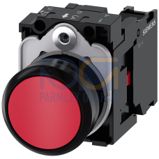 Pushbutton, 22 mm, round, plastic, red, pushbutton, flat, momentary contact type, with holder 1 NC, screw terminal, with laser labeling, upper case...