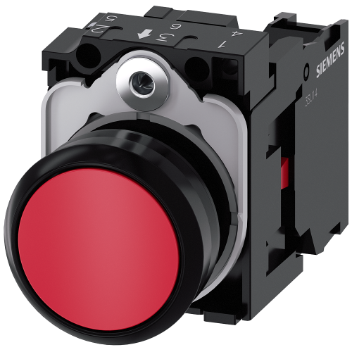 Pushbutton, 22 mm, round, plastic, red, pushbutton, flat, momentary contact type, with holder 1 NC, screw terminal, with laser labeling, upper case...