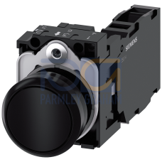 Pushbutton, 22 mm, round, plastic, black, pushbutton, flat, momentary contact type, with holder 1 NO