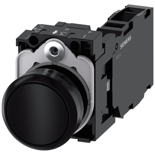 Pushbutton, 22 mm, round, plastic, black, pushbutton, flat, momentary contact type, with holder 1 NO