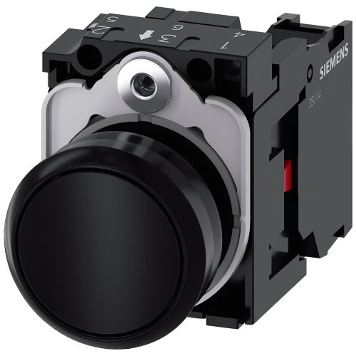 Pushbutton, 22 mm, round, plastic, black, pushbutton, flat, momentary contact type, with holder 1 NC