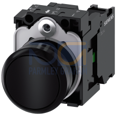 Pushbutton, 22 mm, round, plastic, black, pushbutton, flat, momentary contact type, with holder 1 NO, screw terminal, with laser labeling, lower case