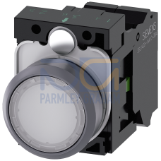 Illuminated pushbutton, 22 mm, round, plastic with metal front ring, white, pushbutton, flat, momentary contact type, with holder, 1 NO, LED module with integrated LED 24 V AC/DC, Spring-type terminal