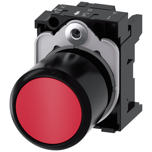 Pushbutton, compact, with extended stroke (12 mm), 22 mm, round, plastic, red, pushbutton, flat, momentary contact type, with holder, with laser la...