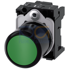 Pushbutton, compact, with extended stroke (12 mm), 22 mm, round, plastic, green, pushbutton, flat, momentary contact type, with holder, with laser ...