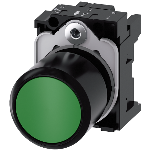 Pushbutton, compact, with extended stroke (12 mm), 22 mm, round, plastic, green, pushbutton, flat, momentary contact type, with holder, with laser ...