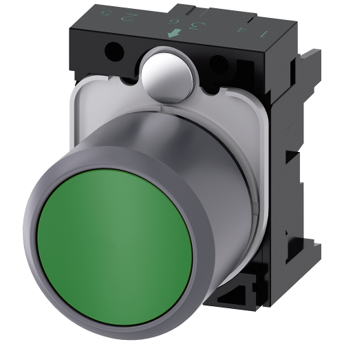 Pushbutton, compact, with extended stroke (12 mm), 22 mm, round, plastic with metal front ring, green, pushbutton, flat, momentary contact type, wi...