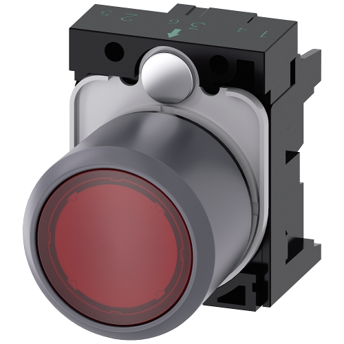 Pushbutton illuminated 22 m round metal front ring red transparent button