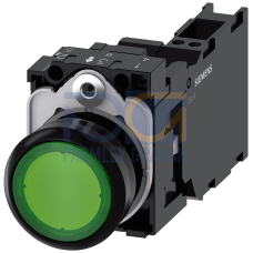 Pushbutton, illuminated, 22 mm, round, plastic, green, 1 NO + 1 NC, 230 V AC