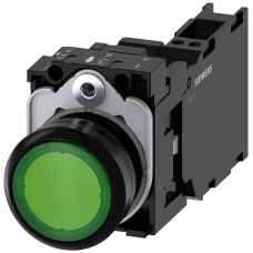 Pushbutton, illuminated, 22 mm, round, plastic, green, 1 NO + 1 NC, 230 V AC