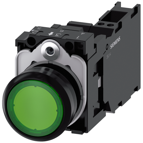 Pushbutton, illuminated, 22 mm, round, plastic, green, 1 NO + 1 NC, 230 V AC