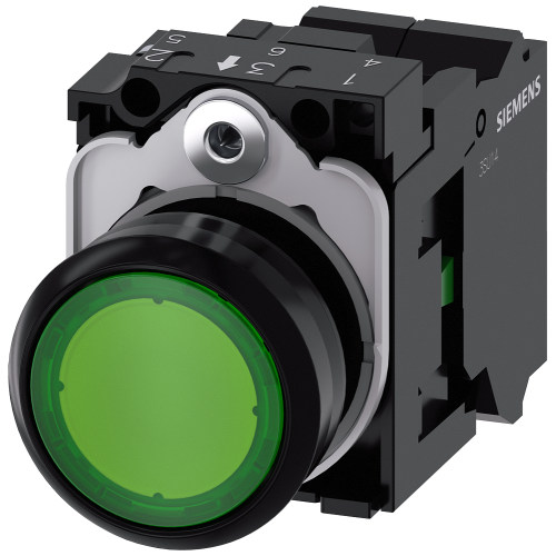 Pushbutton, illuminated, 22 mm, round, plastic, green, 1 NO, 230 V AC