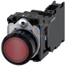 Illuminated pushbutton, 22 mm, round, plastic, red, pushbutton, flat, momentary contact type, with holder, 1 NO+1 NC, LED module with integrated LE...