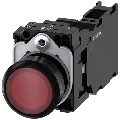 Illuminated pushbutton, 22 mm, round, plastic, red, pushbutton, flat, momentary contact type, with holder, 1 NO+1 NC, LED module with integrated LE...