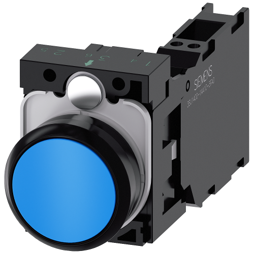 Pushbutton, 22 mm, round, plastic, blue, pushbutton, flat, momentary contact type, with holder 1 NO+1 NC, spring-type terminal,