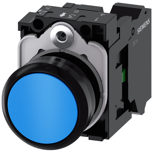 Pushbutton, 22 mm, round, plastic, blue, pushbutton, flat, momentary contact type, with holder 1 NO,